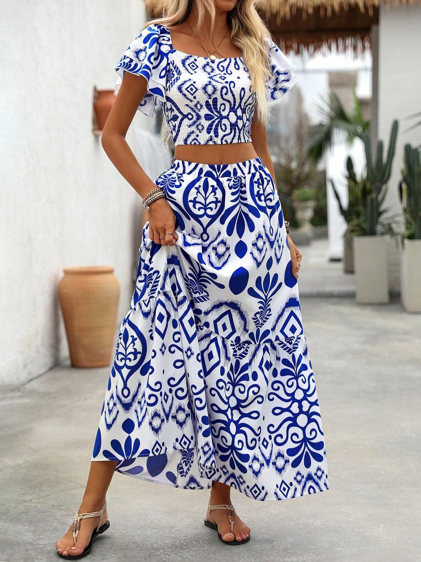 LADIES TWO PIECE SHORT SLEEVE TOP & SKIRT SET BLUE-WHITE (SIZE XS - L)