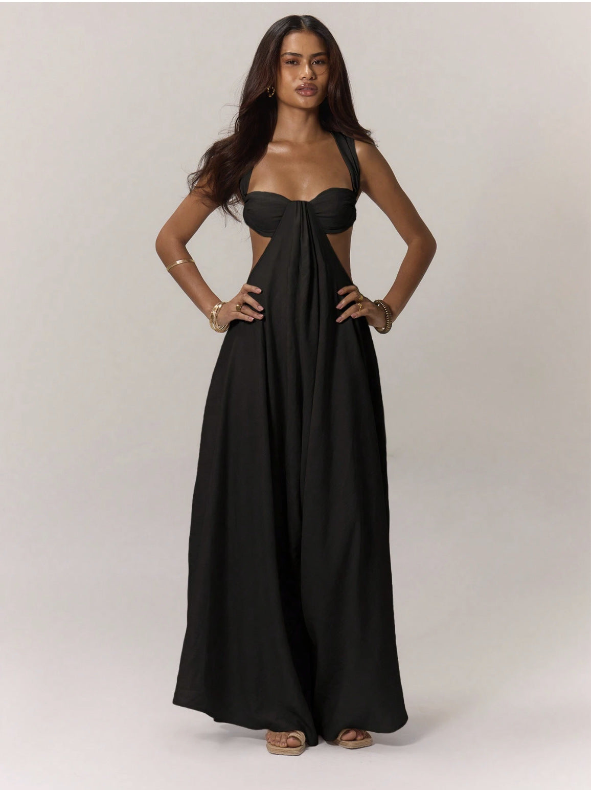 LADIES LONG SLEEVELESS LOOSE JUMPSUIT BLACK / GREEN (SIZE S - 2XL)