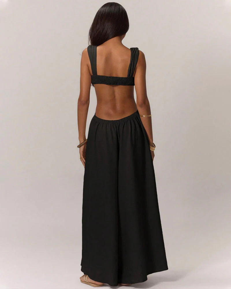 LADIES LONG SLEEVELESS LOOSE JUMPSUIT BLACK / GREEN (SIZE S - 2XL)