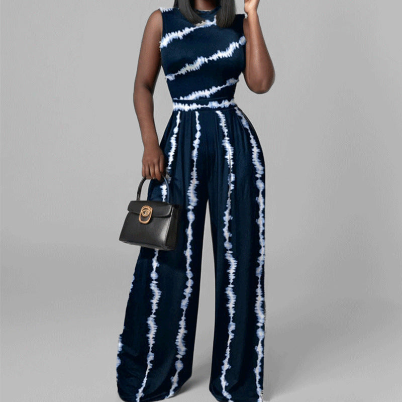 LADIES SLEEVELESS WIDE LEG JUMPSUIT BLUE-WHITE (SIZE S - 3XL)