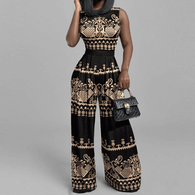 LADIES SLEEVELESS WIDE LEG JUMPSUIT BLACK MULTICOLOUR (SIZE S - 3XL)