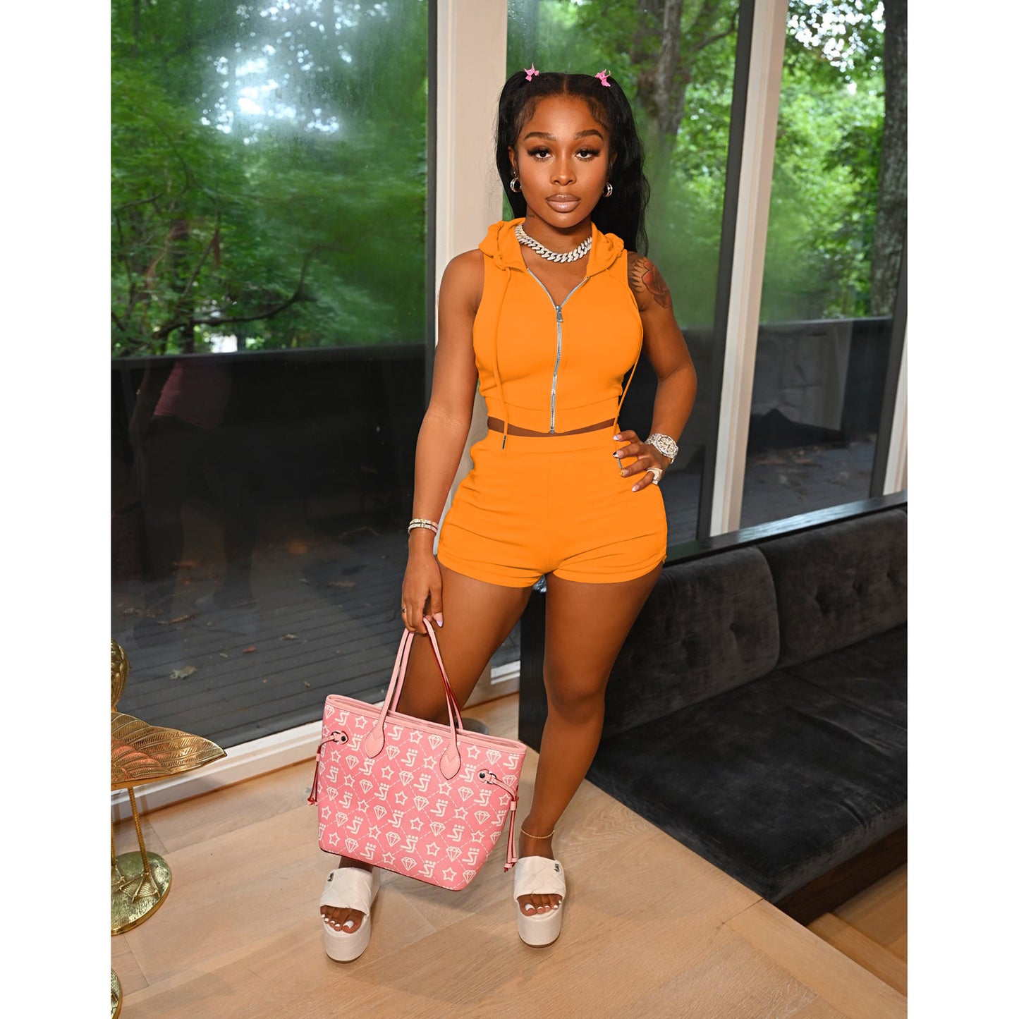 LADIES TWO PIECE TOP & SHORTS SET WHITE / PINK / YELLOW-ORANGE / BLACK (SIZE S - 2XL)
