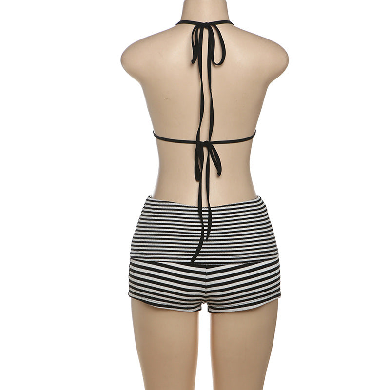 LADIES TWO PIECE BIKINI & SHORTS SET BLACK & WHITE (SIZE S - L)