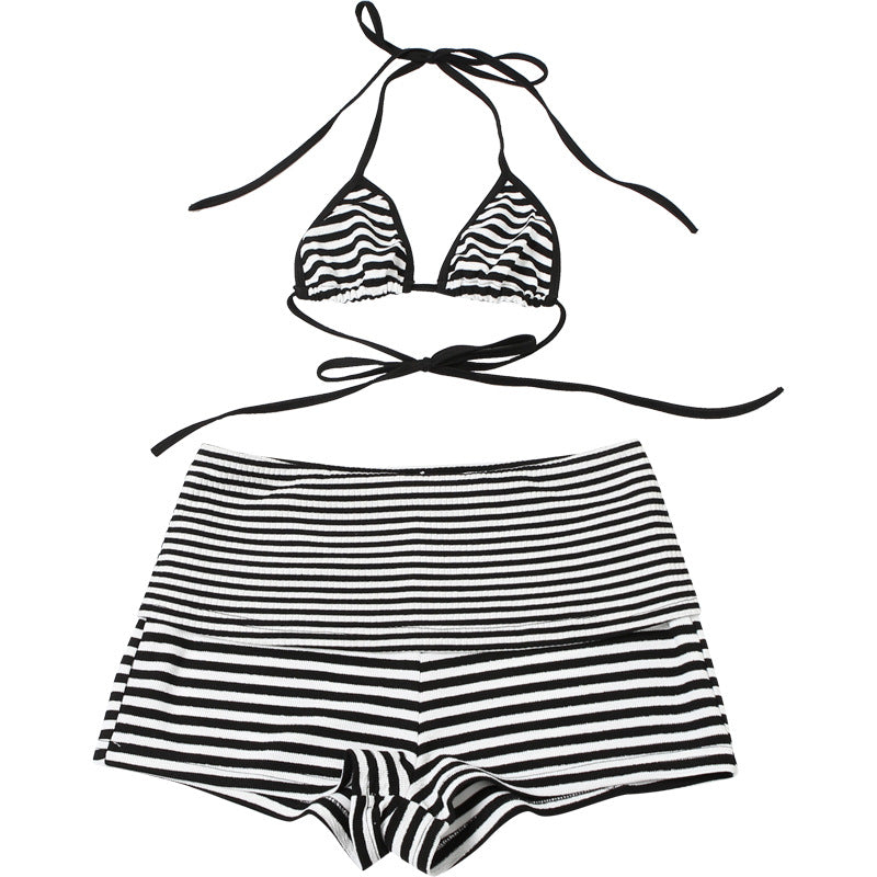 LADIES TWO PIECE BIKINI & SHORTS SET BLACK & WHITE (SIZE S - L)