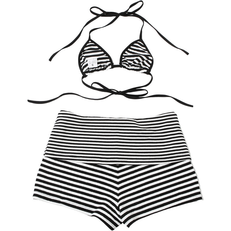 LADIES TWO PIECE BIKINI & SHORTS SET BLACK & WHITE (SIZE S - L)