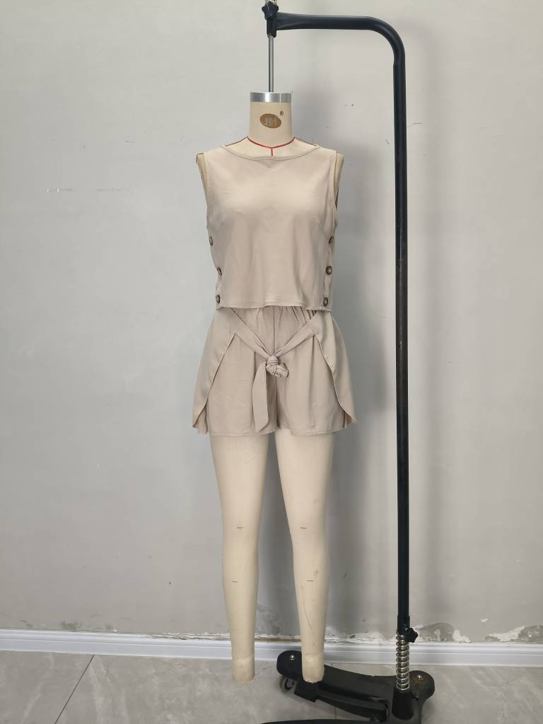 LADIES TWO PIECE SLEEVELESS TOP & SHORTS SET KHAKI / ARMY GREEN / BLACK (SIZE S - 2XL)