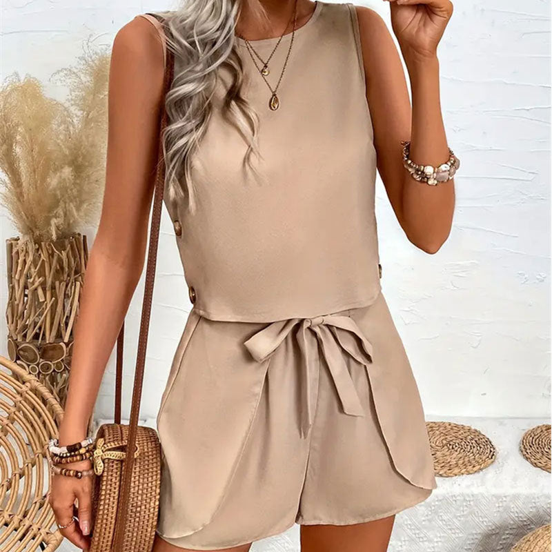 LADIES TWO PIECE SLEEVELESS TOP & SHORTS SET KHAKI / ARMY GREEN / BLACK (SIZE S - 2XL)
