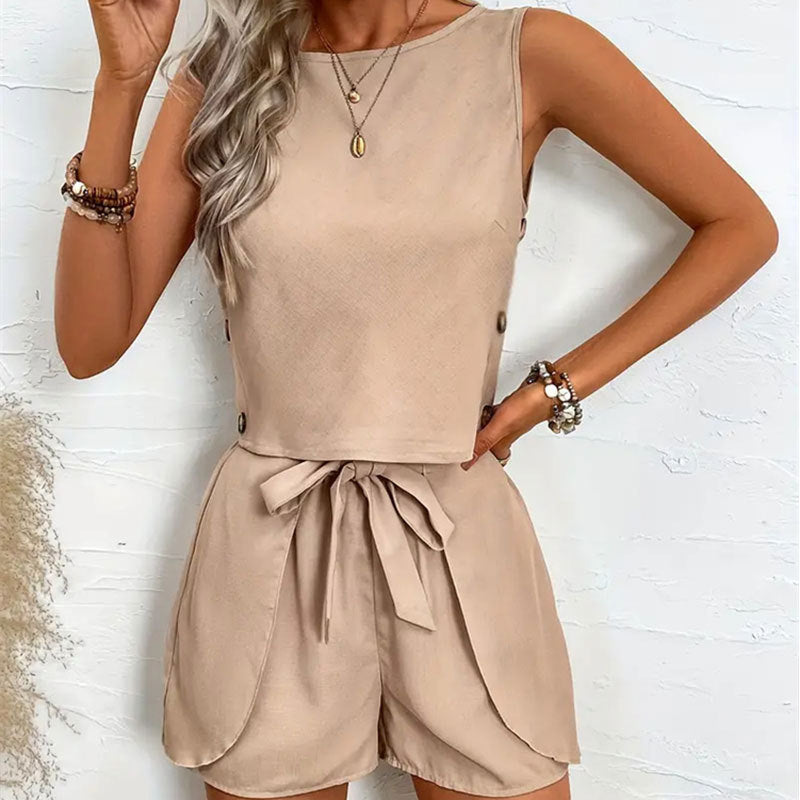 LADIES TWO PIECE SLEEVELESS TOP & SHORTS SET KHAKI / ARMY GREEN / BLACK (SIZE S - 2XL)
