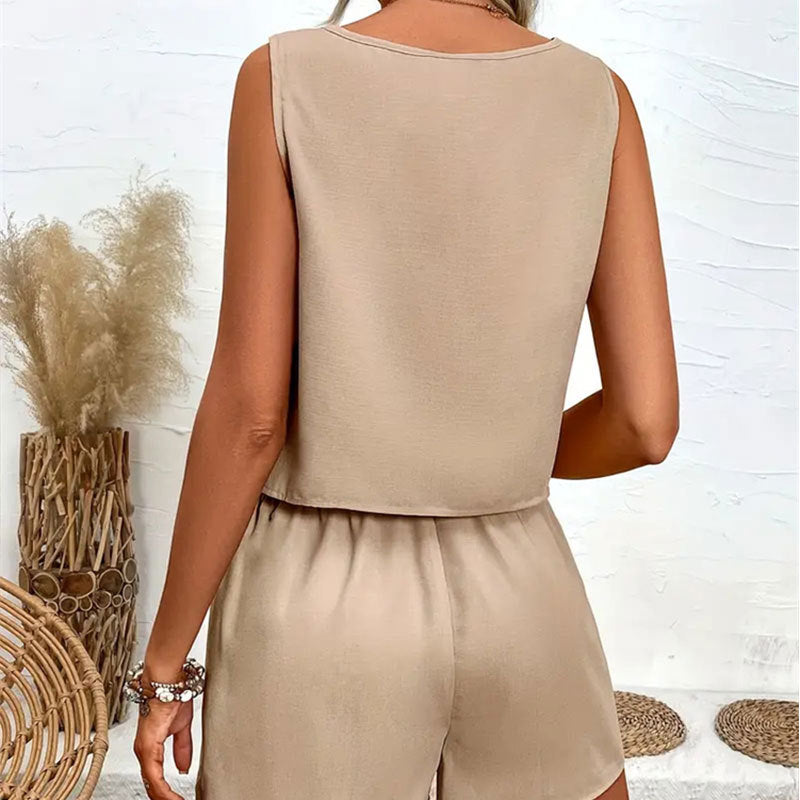LADIES TWO PIECE SLEEVELESS TOP & SHORTS SET KHAKI / ARMY GREEN / BLACK (SIZE S - 2XL)