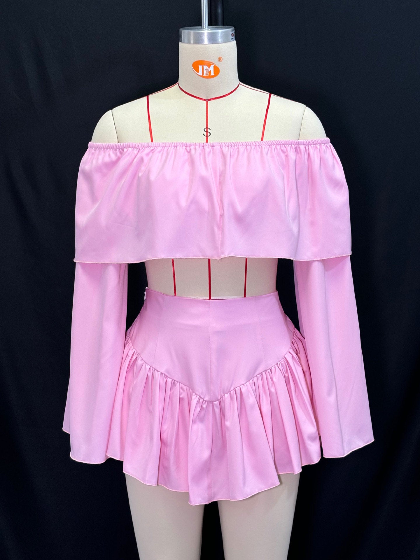 LADIES TWO PIECE OFF THE SHOULDER TOP & SKIRT SET PINK / WHITE (SIZE S - XL)