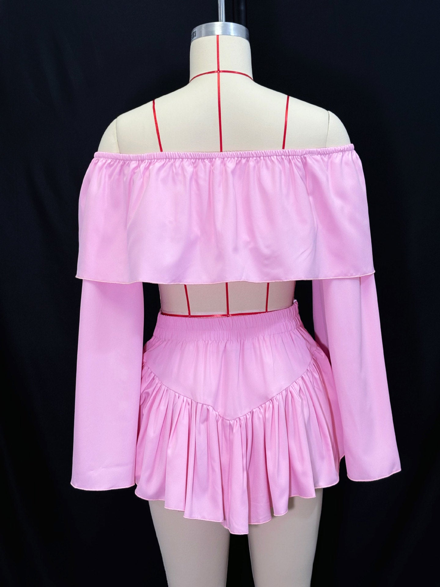 LADIES TWO PIECE OFF THE SHOULDER TOP & SKIRT SET PINK / WHITE (SIZE S - XL)