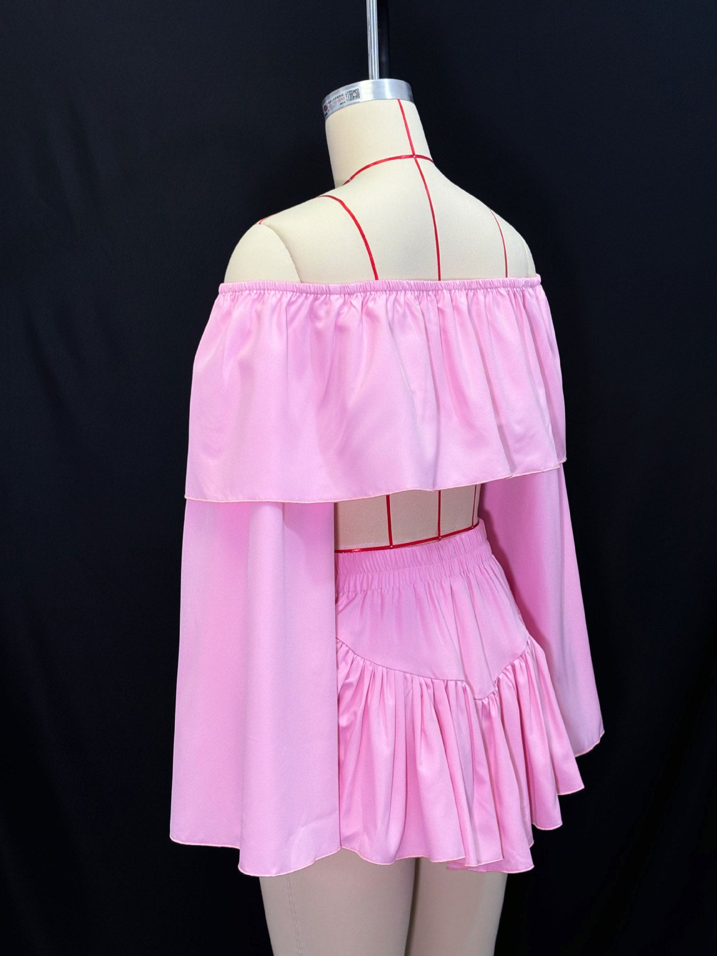 LADIES TWO PIECE OFF THE SHOULDER TOP & SKIRT SET PINK / WHITE (SIZE S - XL)