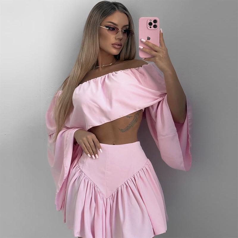 LADIES TWO PIECE OFF THE SHOULDER TOP & SKIRT SET PINK / WHITE (SIZE S - XL)