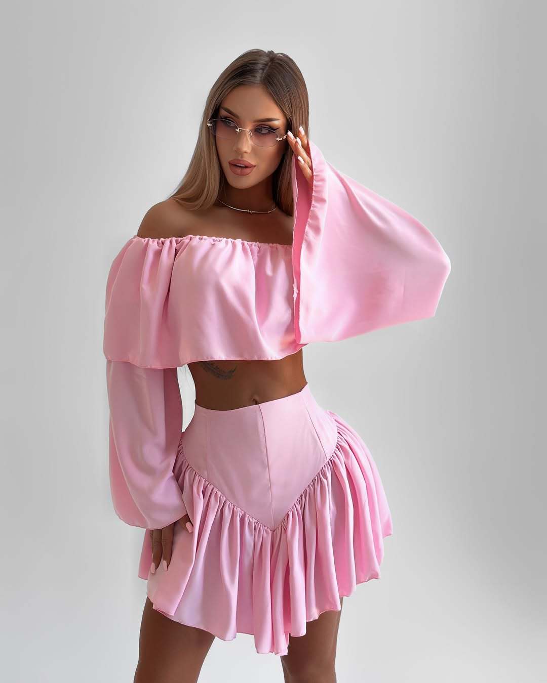 LADIES TWO PIECE OFF THE SHOULDER TOP & SKIRT SET PINK / WHITE (SIZE S - XL)