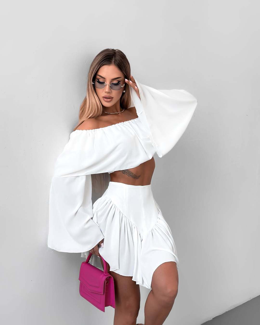 LADIES TWO PIECE OFF THE SHOULDER TOP & SKIRT SET PINK / WHITE (SIZE S - XL)