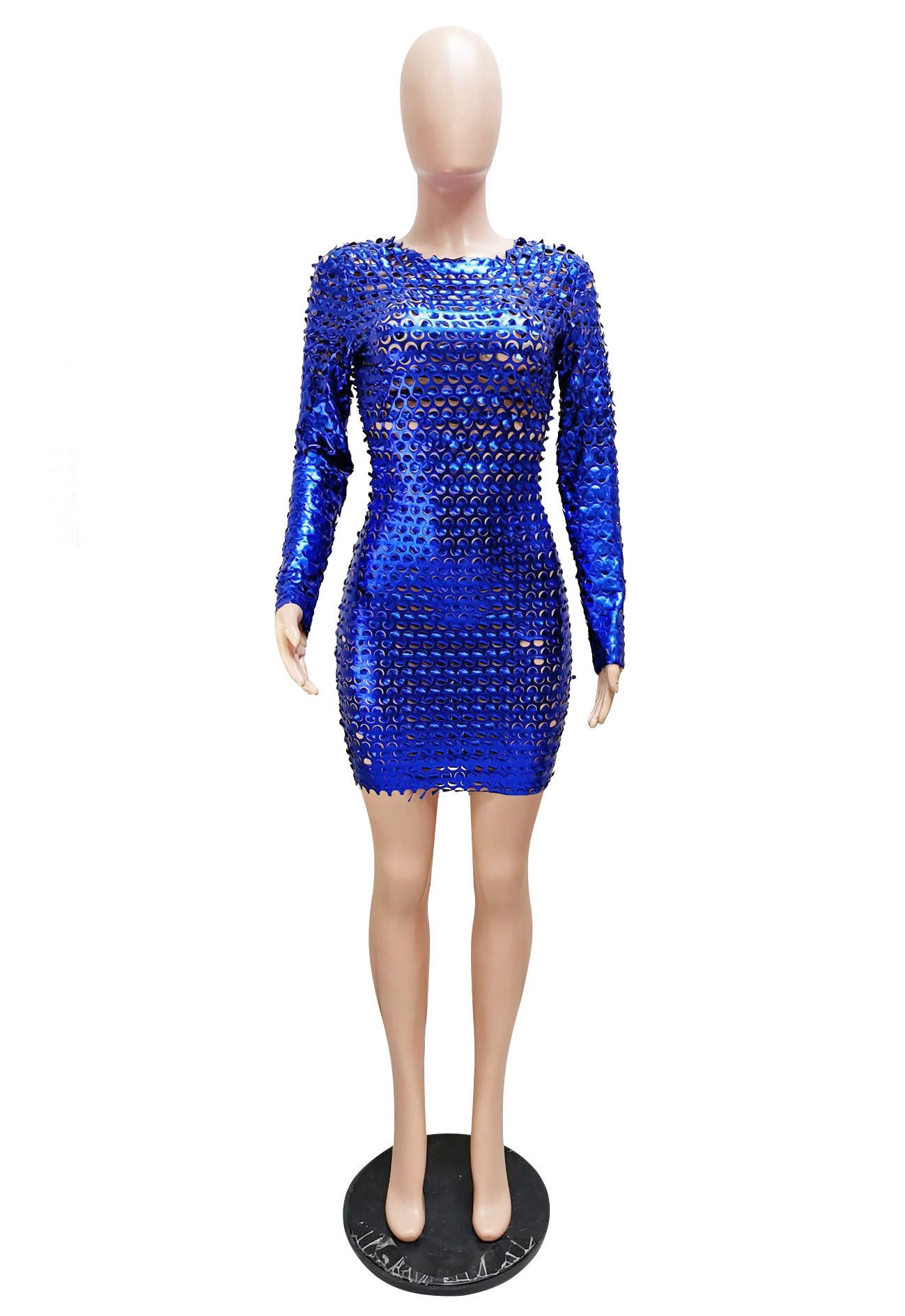 LADIES LONG SLEEVE BODYCON NIGHTCLUB MINI DRESS BLUE / BLACK (SIZE S - 2XL)