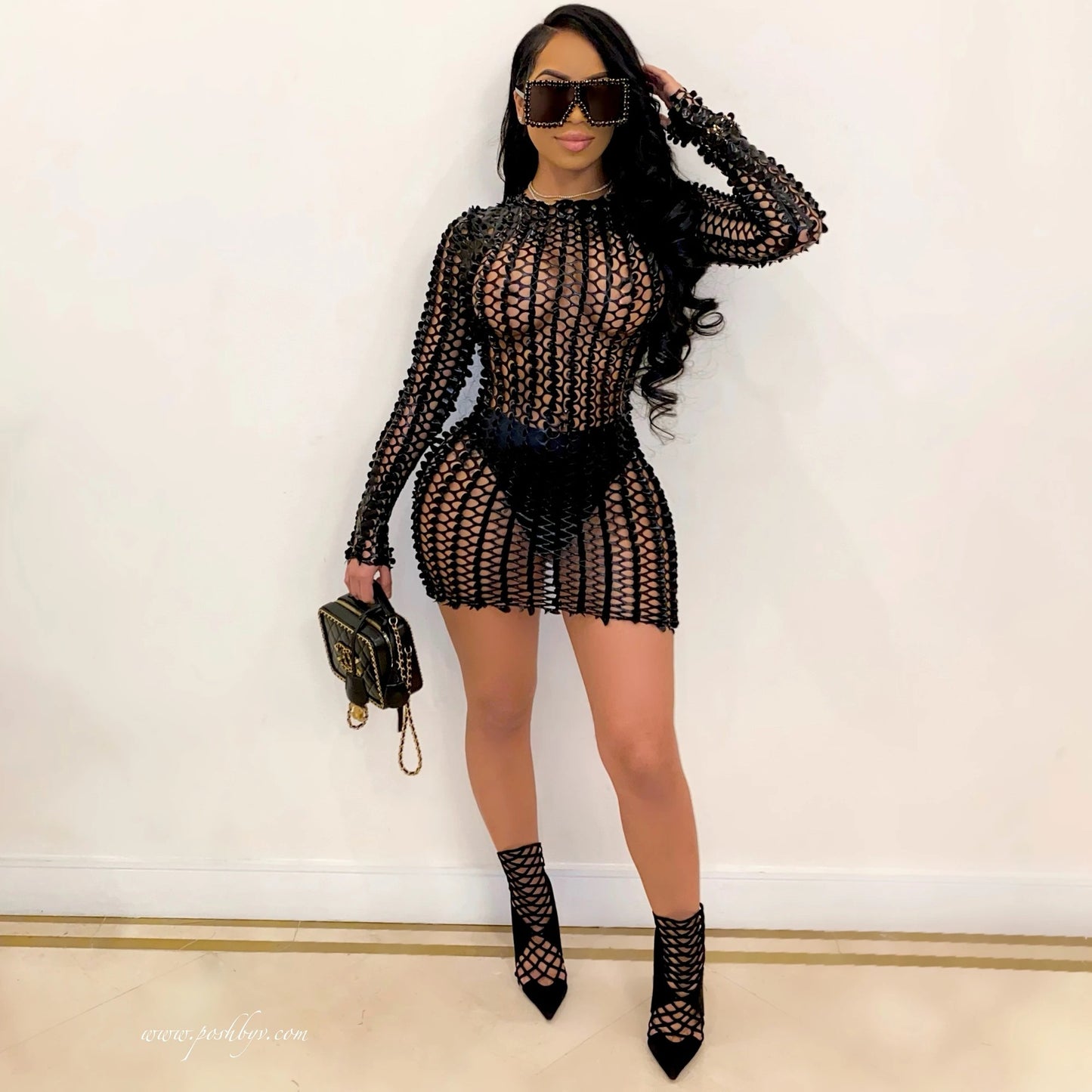 LADIES LONG SLEEVE BODYCON NIGHTCLUB MINI DRESS BLUE / BLACK (SIZE S - 2XL)