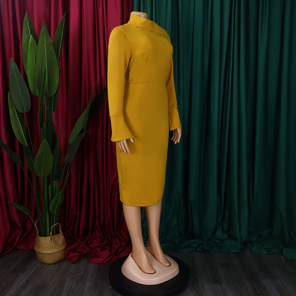 LADIES PLUS SIZE LONG SLEEVE DRESS MUSTARD YELLOW / GREEN / RED (SIZE S - 3XL)