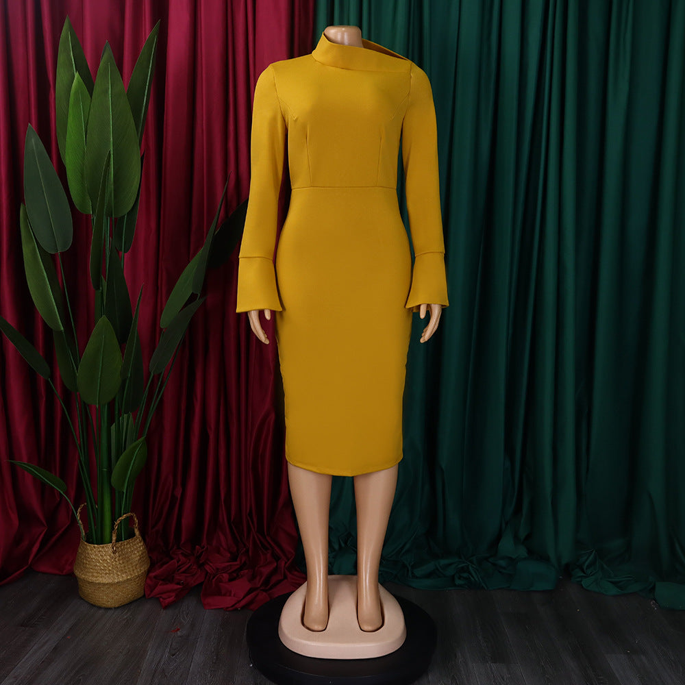 LADIES PLUS SIZE LONG SLEEVE DRESS MUSTARD YELLOW / GREEN / RED (SIZE S - 3XL)