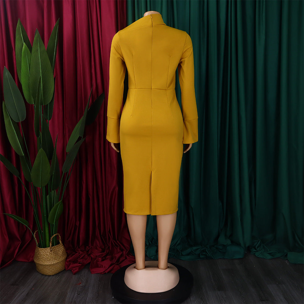 LADIES PLUS SIZE LONG SLEEVE DRESS MUSTARD YELLOW / GREEN / RED (SIZE S - 3XL)