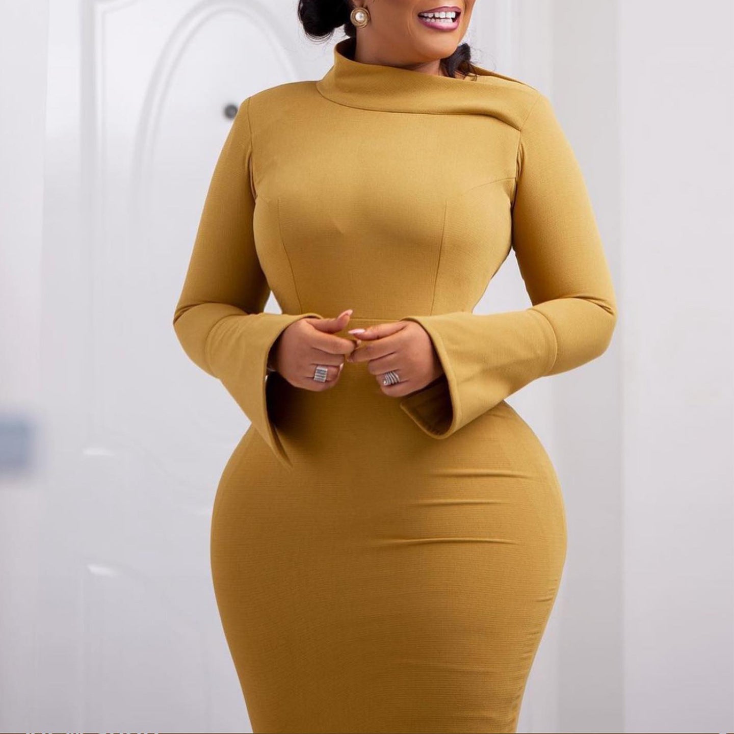 LADIES PLUS SIZE LONG SLEEVE DRESS MUSTARD YELLOW / GREEN / RED (SIZE S - 3XL)