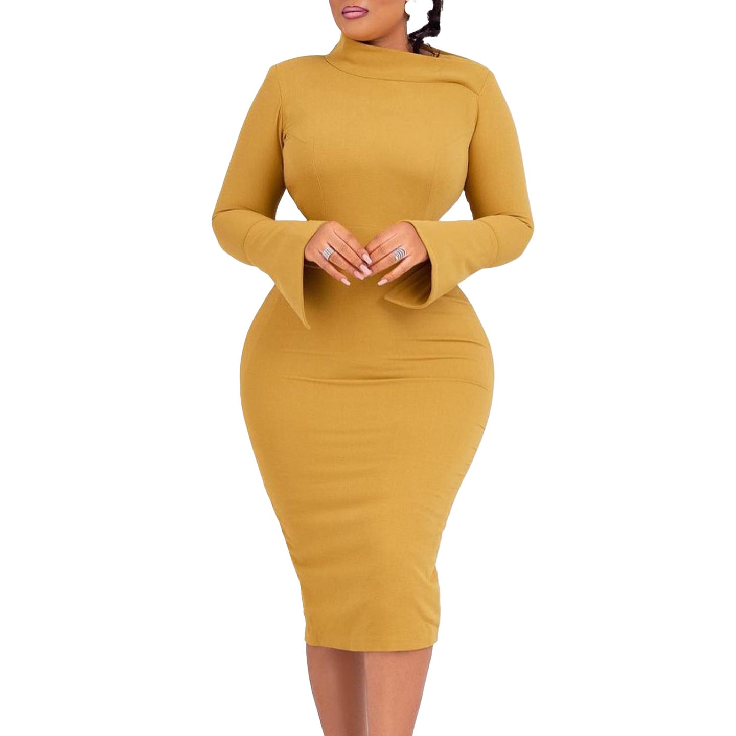 LADIES PLUS SIZE LONG SLEEVE DRESS MUSTARD YELLOW / GREEN / RED (SIZE S - 3XL)