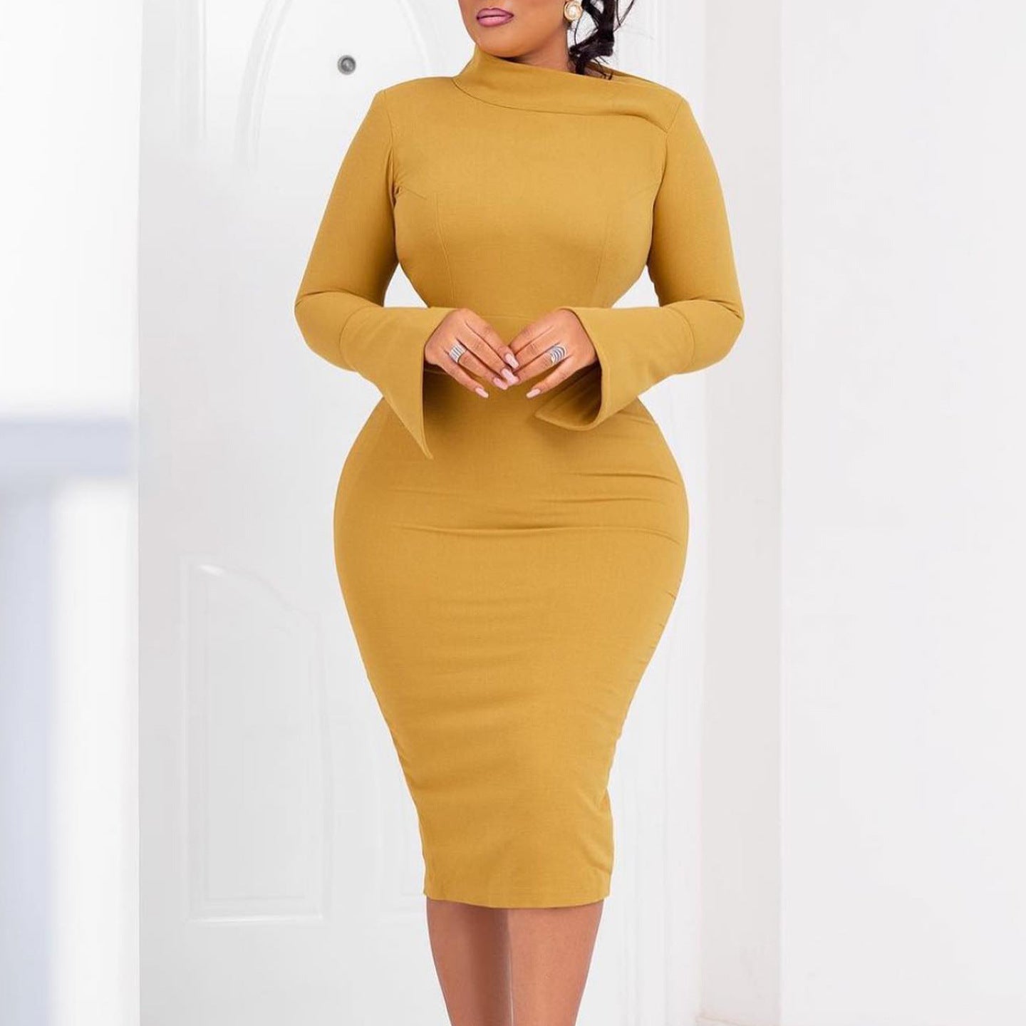 LADIES PLUS SIZE LONG SLEEVE DRESS MUSTARD YELLOW / GREEN / RED (SIZE S - 3XL)