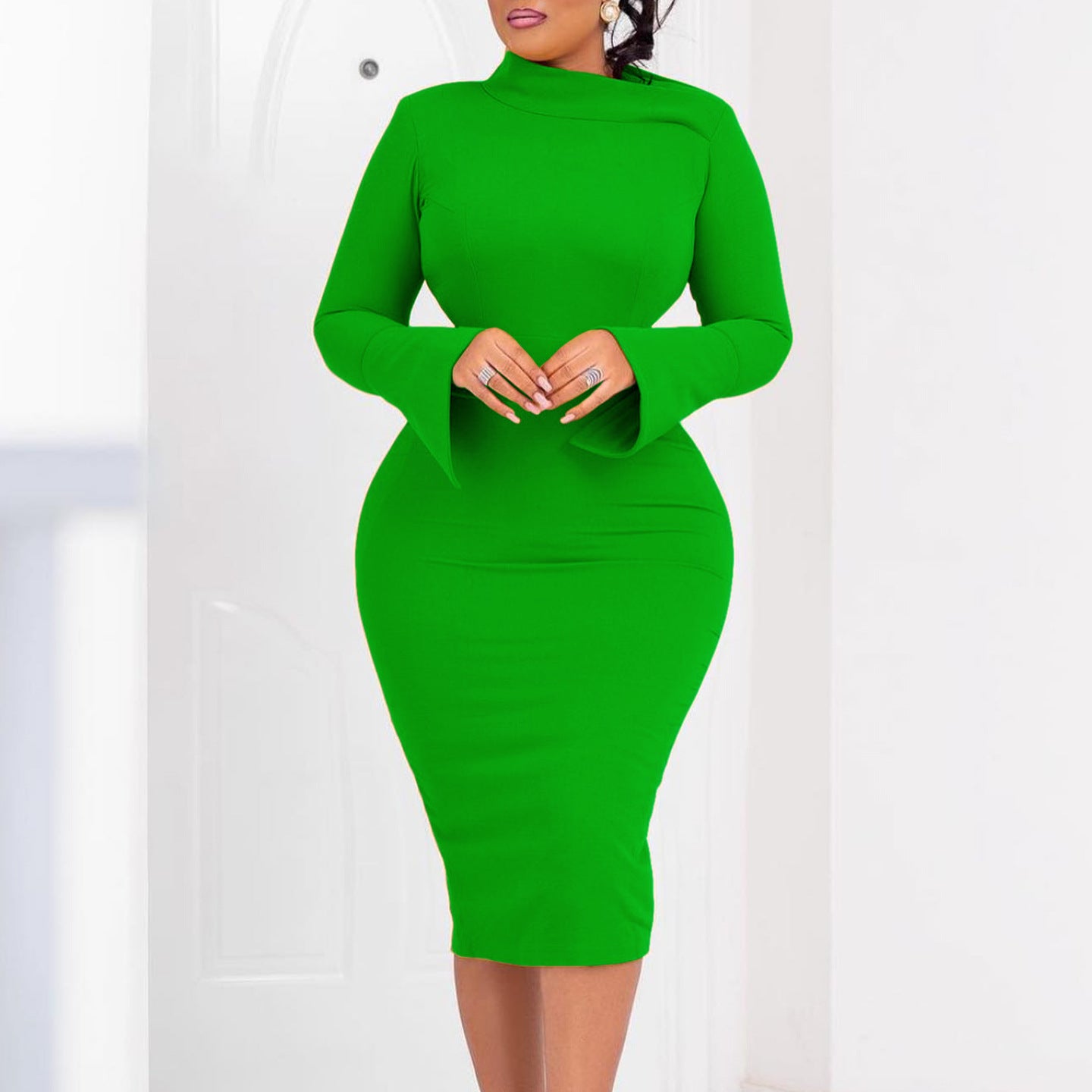 LADIES PLUS SIZE LONG SLEEVE DRESS MUSTARD YELLOW / GREEN / RED (SIZE S - 3XL)