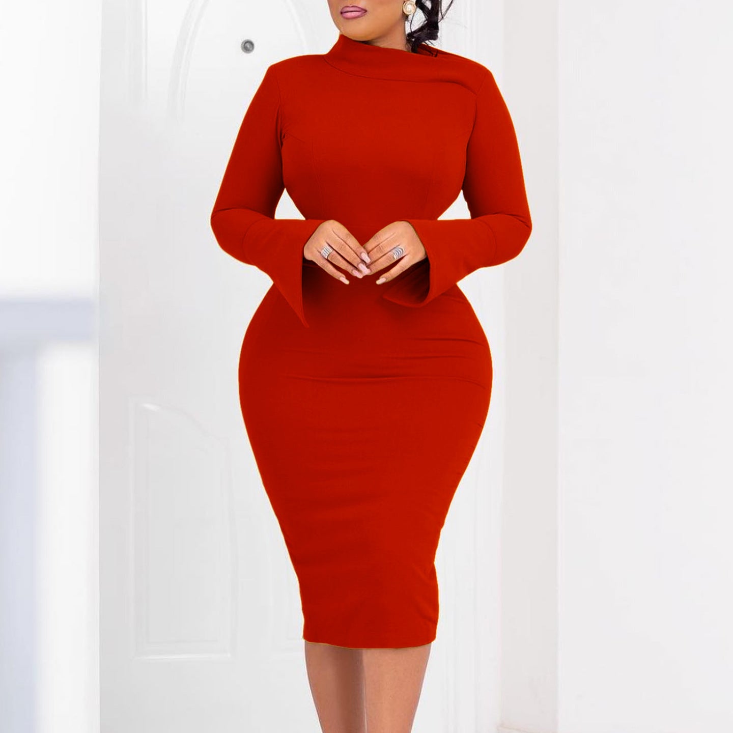 LADIES PLUS SIZE LONG SLEEVE DRESS MUSTARD YELLOW / GREEN / RED (SIZE S - 3XL)