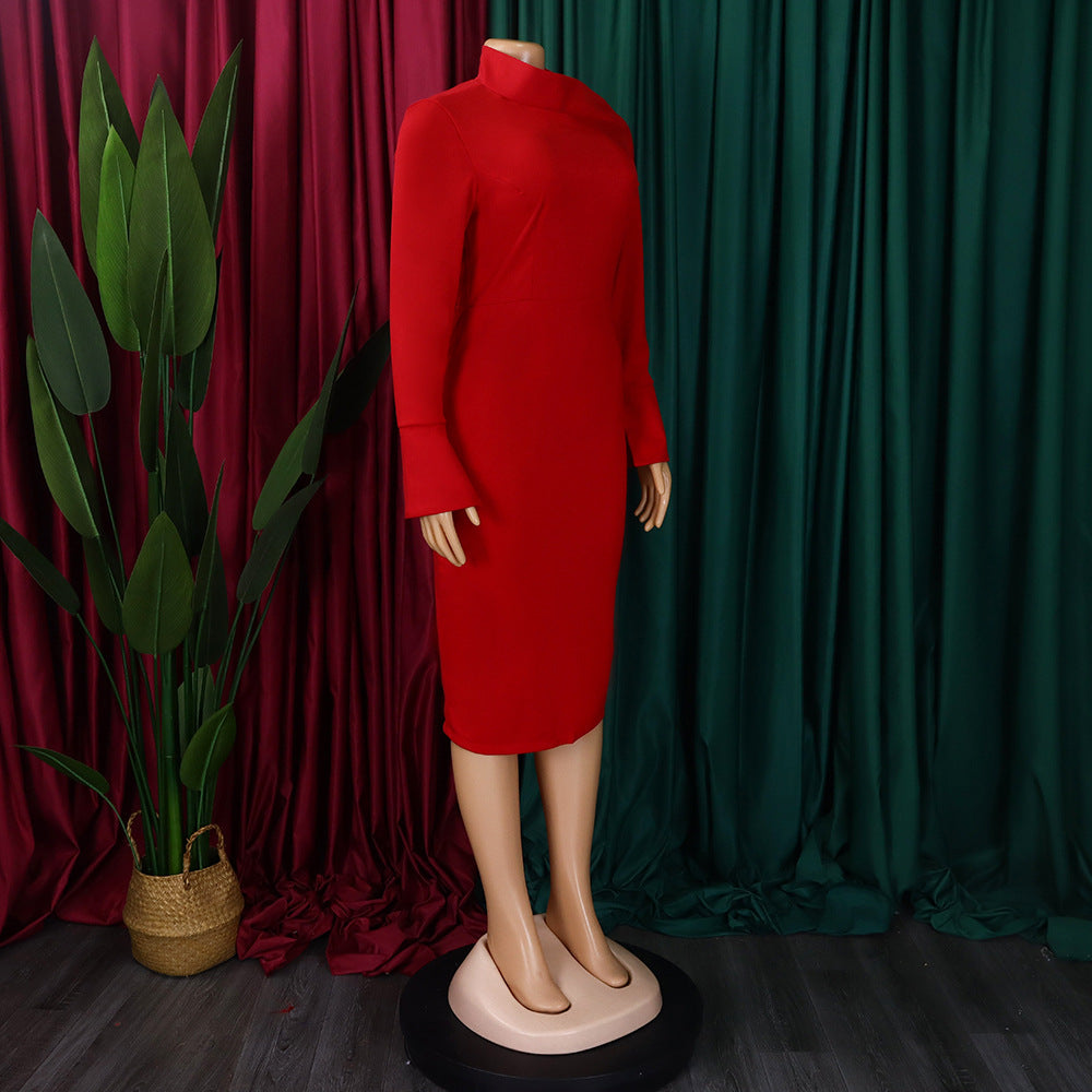 LADIES PLUS SIZE LONG SLEEVE DRESS MUSTARD YELLOW / GREEN / RED (SIZE S - 3XL)