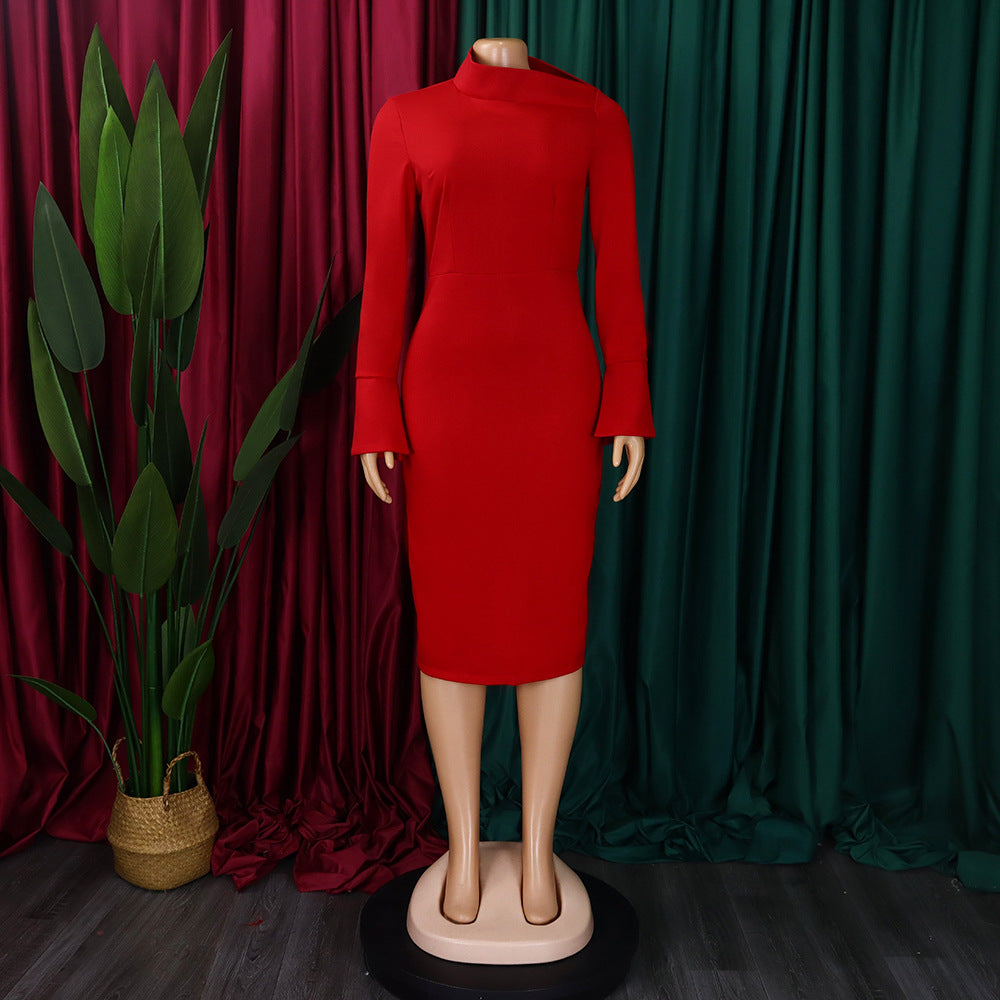 LADIES PLUS SIZE LONG SLEEVE DRESS MUSTARD YELLOW / GREEN / RED (SIZE S - 3XL)