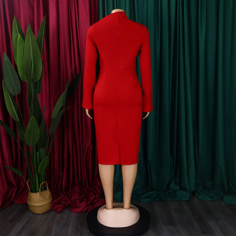 LADIES PLUS SIZE LONG SLEEVE DRESS MUSTARD YELLOW / GREEN / RED (SIZE S - 3XL)