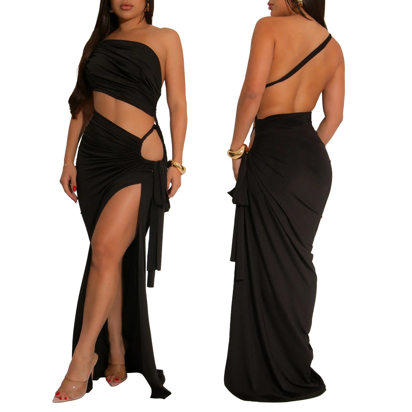LADIES SEXY LONG DRESS WITH SLIT BLACK / YELLOW / BLUE / DARK PINK / DARK ORANGE (SIZE S - 2XL)
