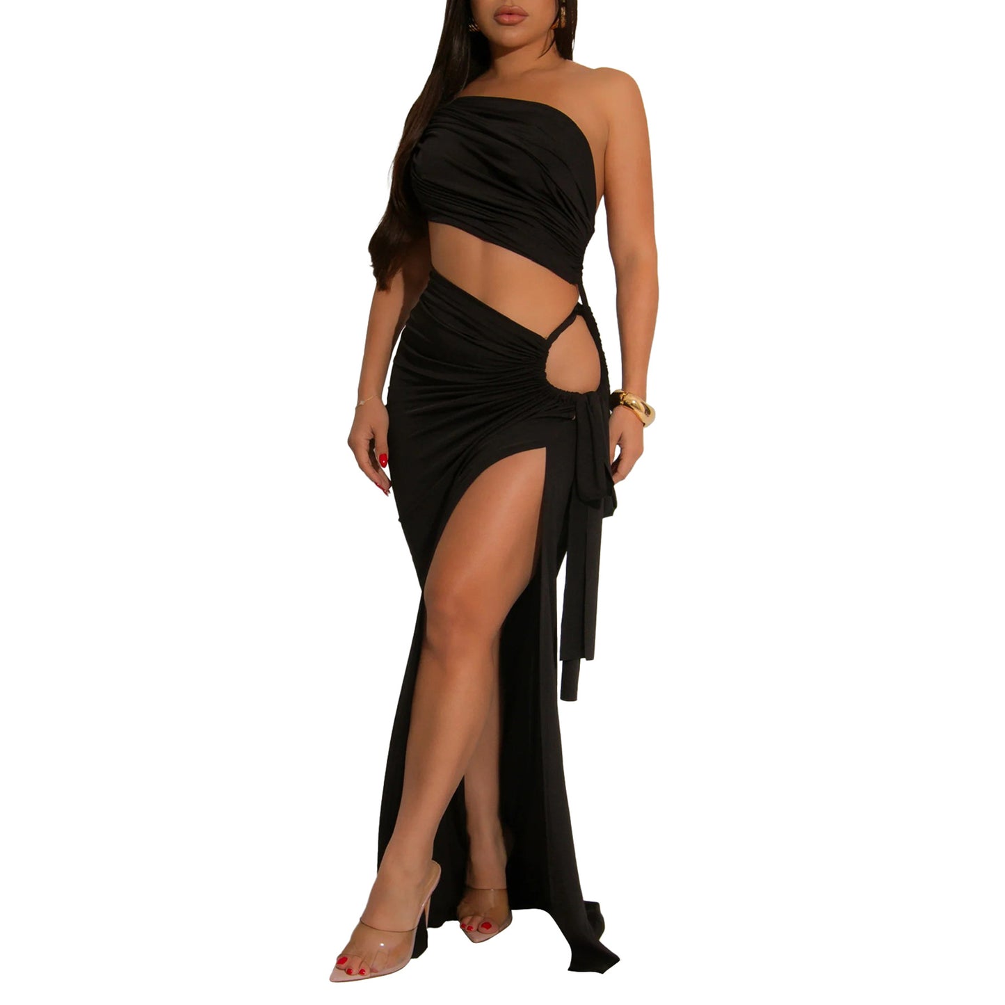 LADIES SEXY LONG DRESS WITH SLIT BLACK / YELLOW / BLUE / DARK PINK / DARK ORANGE (SIZE S - 2XL)