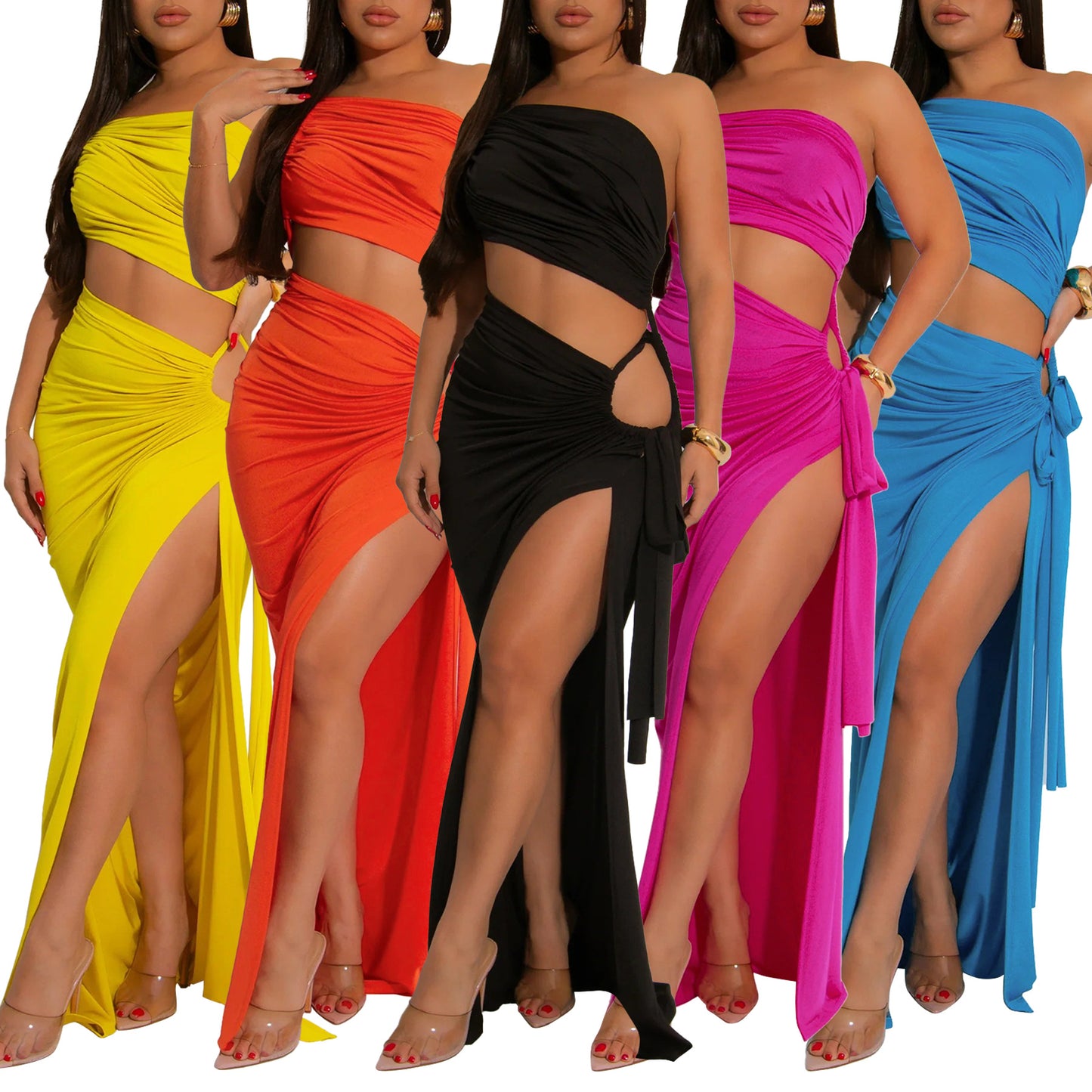 LADIES SEXY LONG DRESS WITH SLIT BLACK / YELLOW / BLUE / DARK PINK / DARK ORANGE (SIZE S - 2XL)