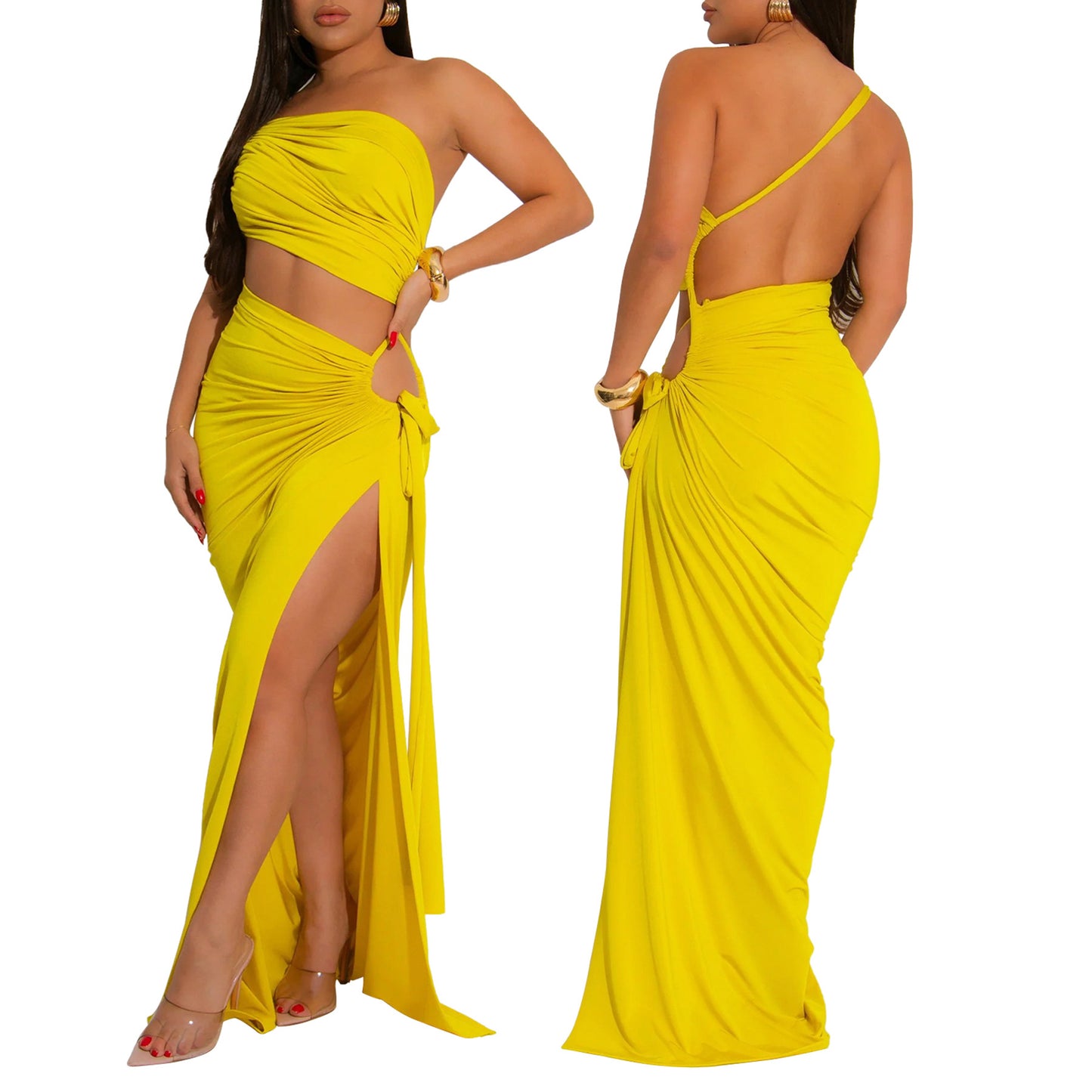 LADIES SEXY LONG DRESS WITH SLIT BLACK / YELLOW / BLUE / DARK PINK / DARK ORANGE (SIZE S - 2XL)