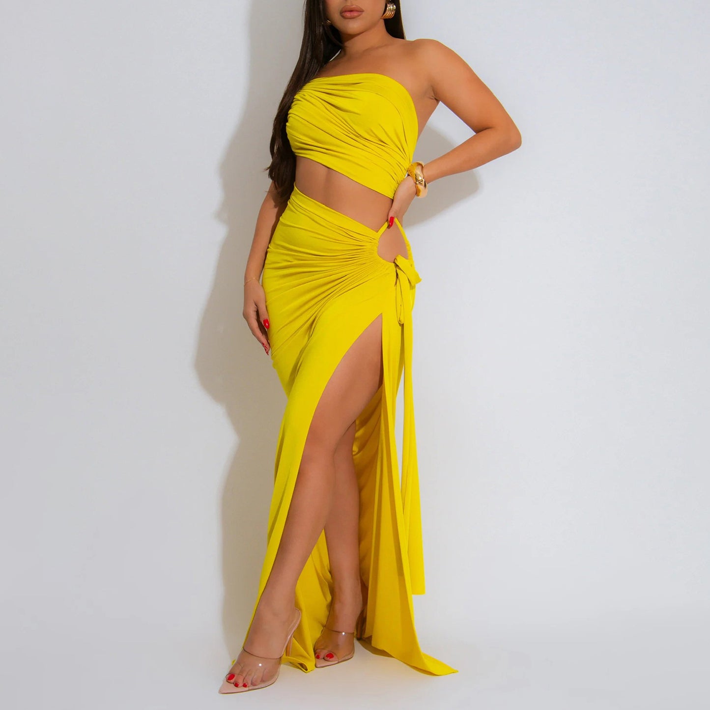 LADIES SEXY LONG DRESS WITH SLIT BLACK / YELLOW / BLUE / DARK PINK / DARK ORANGE (SIZE S - 2XL)
