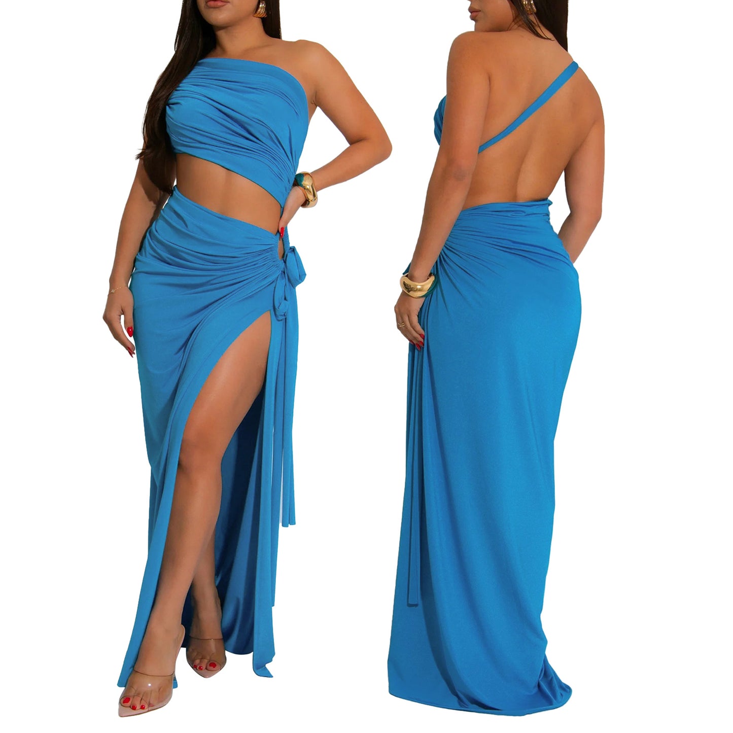 LADIES SEXY LONG DRESS WITH SLIT BLACK / YELLOW / BLUE / DARK PINK / DARK ORANGE (SIZE S - 2XL)