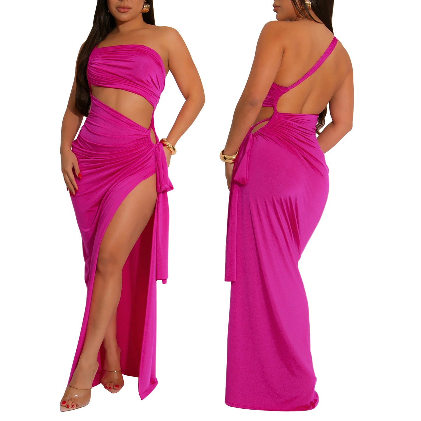 LADIES SEXY LONG DRESS WITH SLIT BLACK / YELLOW / BLUE / DARK PINK / DARK ORANGE (SIZE S - 2XL)