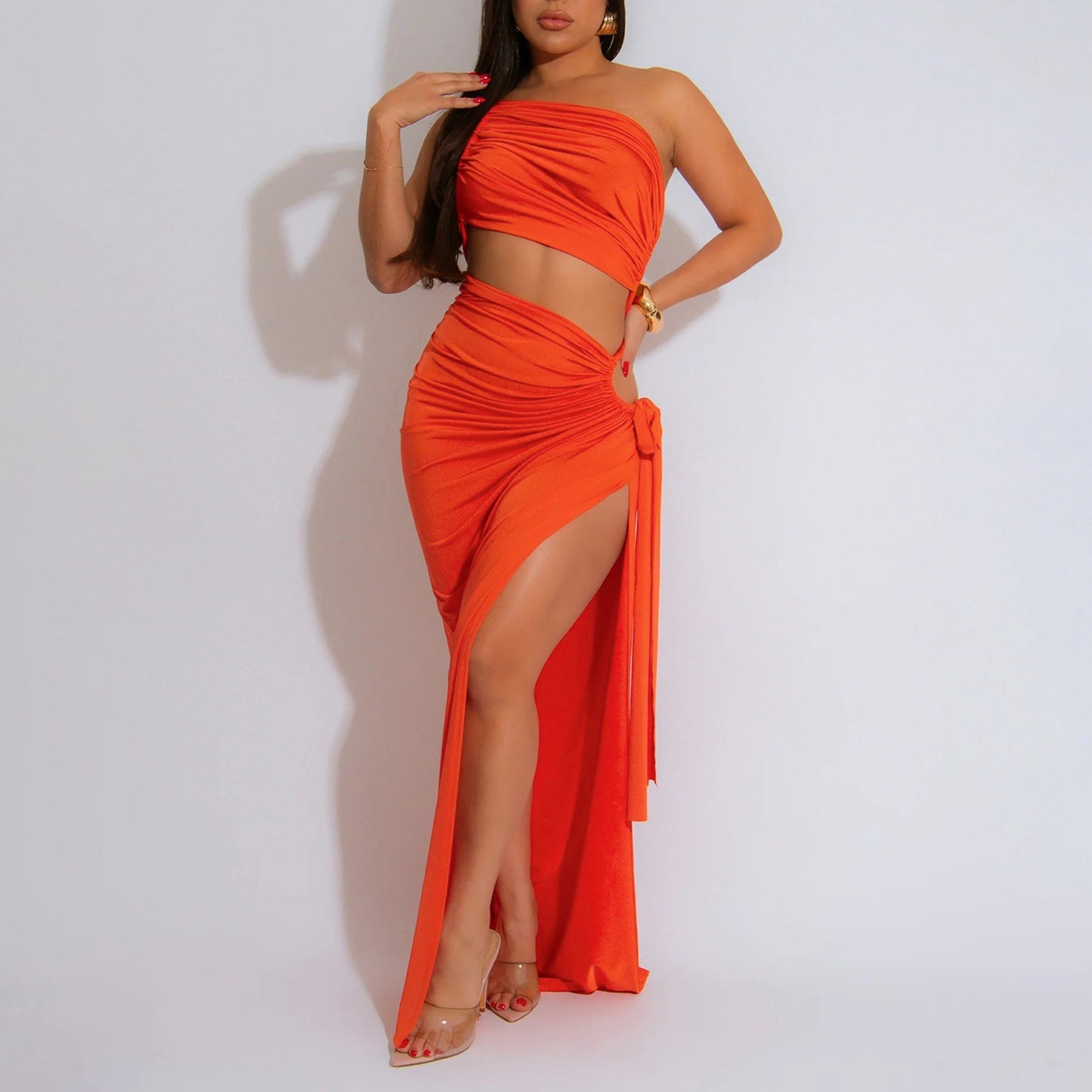 LADIES SEXY LONG DRESS WITH SLIT BLACK / YELLOW / BLUE / DARK PINK / DARK ORANGE (SIZE S - 2XL)