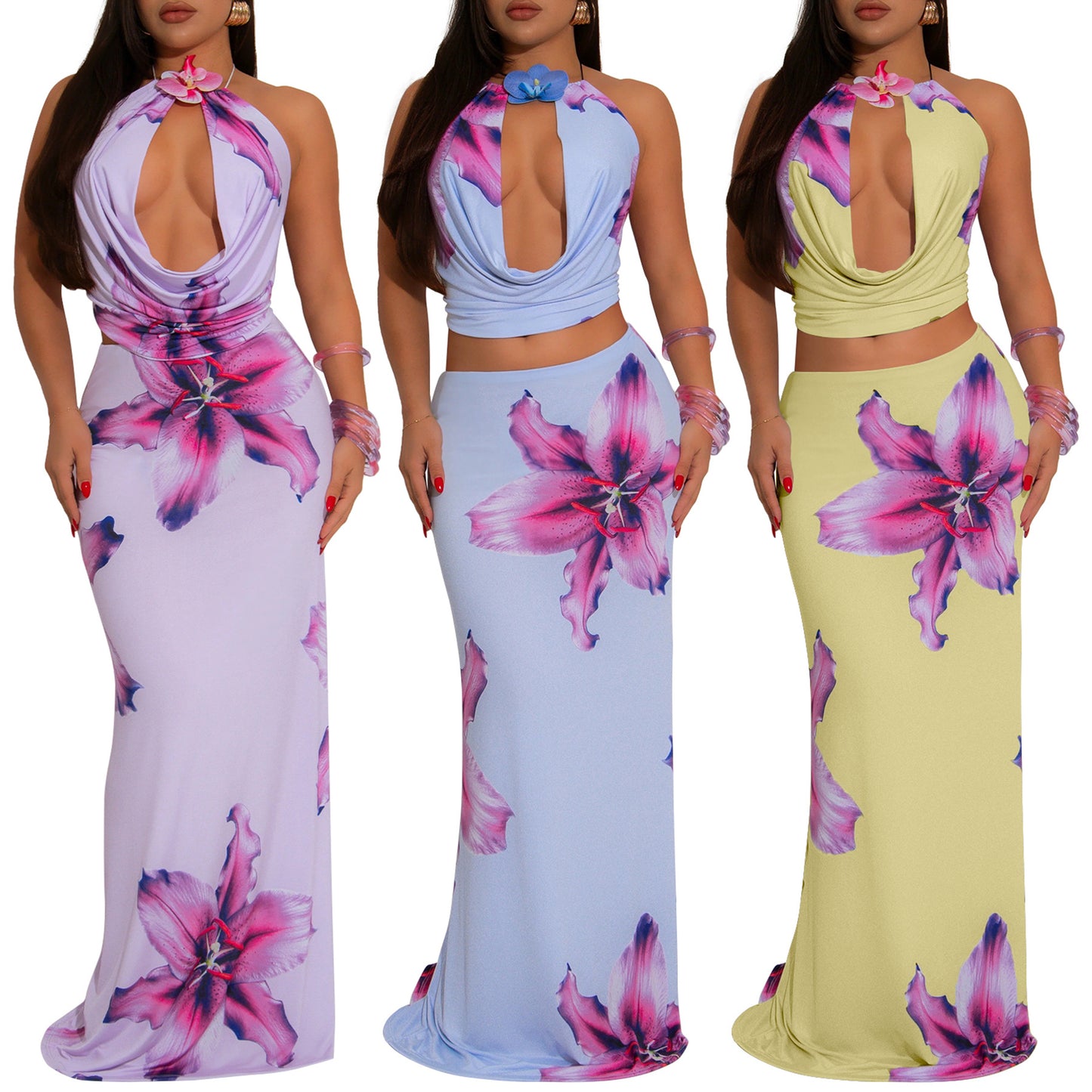 LADIES TWO PIECE TOP & SKIRT SET LIGHT PURPLE / LIGHT BLUE / LIGHT YELLOW (SIZE S - 2XL)
