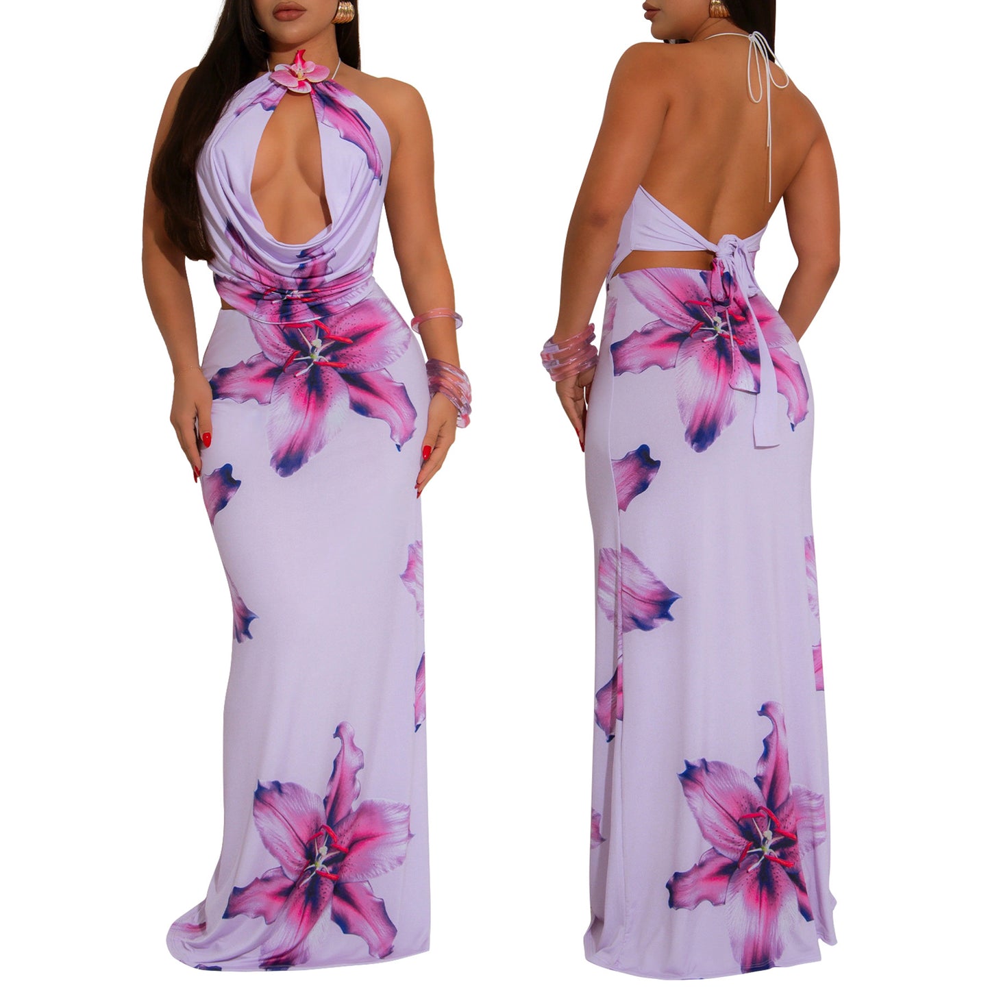 LADIES TWO PIECE TOP & SKIRT SET LIGHT PURPLE / LIGHT BLUE / LIGHT YELLOW (SIZE S - 2XL)
