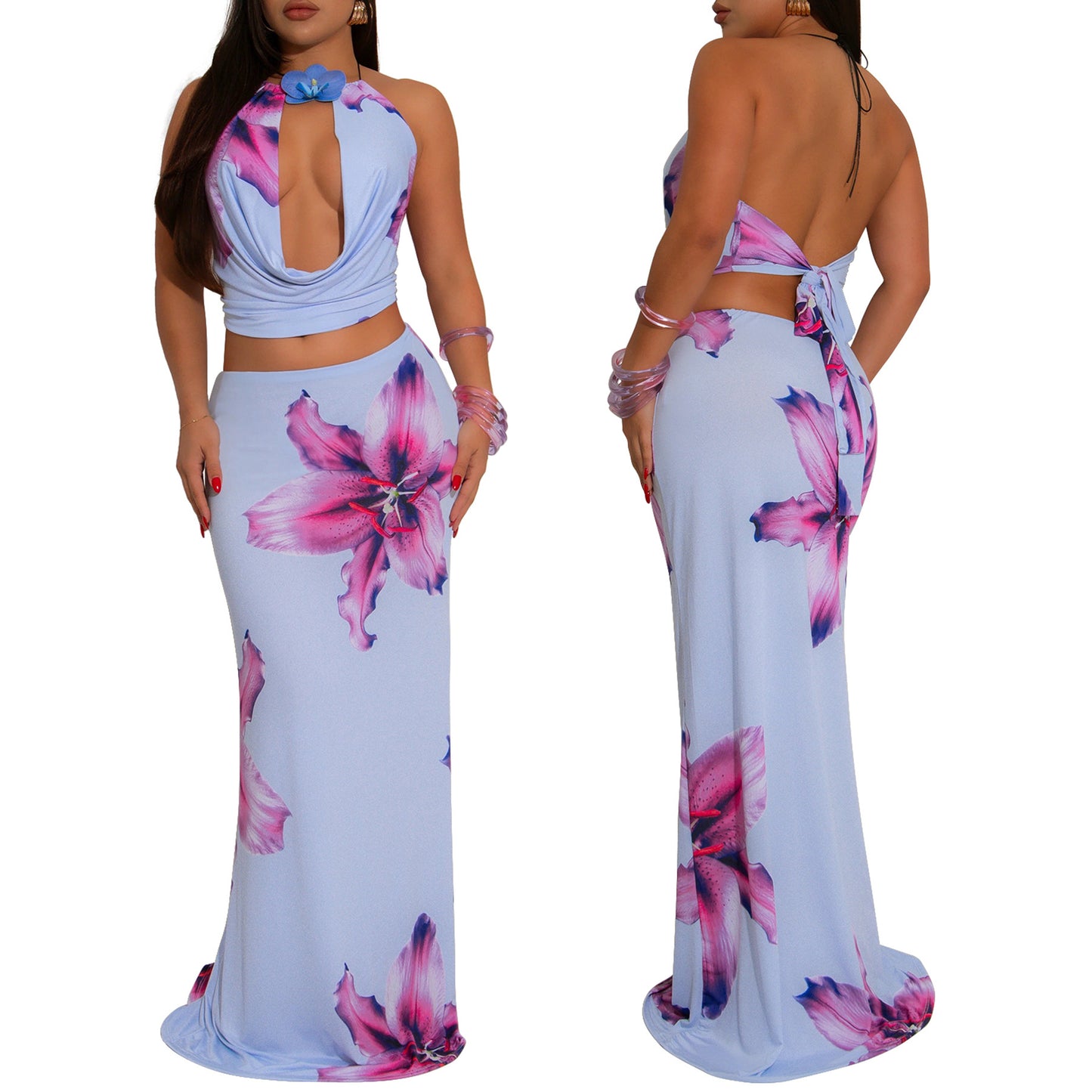 LADIES TWO PIECE TOP & SKIRT SET LIGHT PURPLE / LIGHT BLUE / LIGHT YELLOW (SIZE S - 2XL)