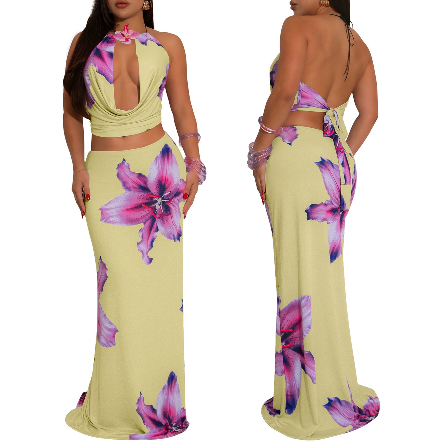 LADIES TWO PIECE TOP & SKIRT SET LIGHT PURPLE / LIGHT BLUE / LIGHT YELLOW (SIZE S - 2XL)