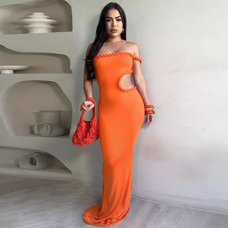 LADIES OFF THE SHOULDER CUT OUT LONG DRESS DARK ORANGE / BLACK (SIZE S - L)
