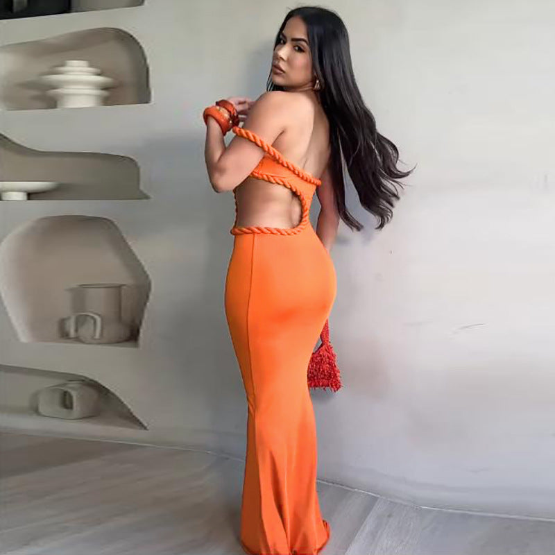 LADIES OFF THE SHOULDER CUT OUT LONG DRESS DARK ORANGE / BLACK (SIZE S - L)