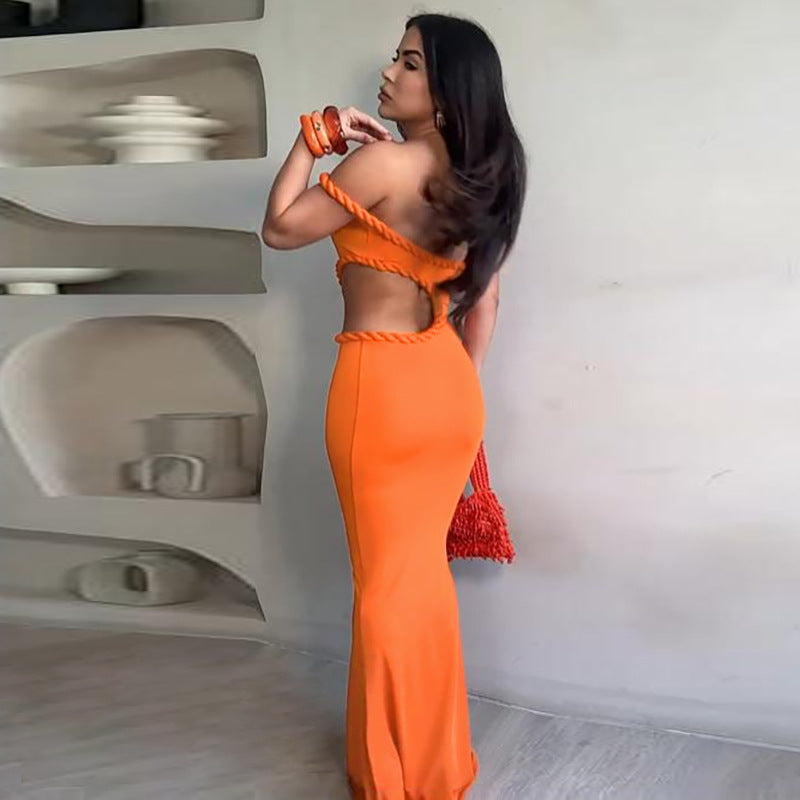 LADIES OFF THE SHOULDER CUT OUT LONG DRESS DARK ORANGE / BLACK (SIZE S - L)