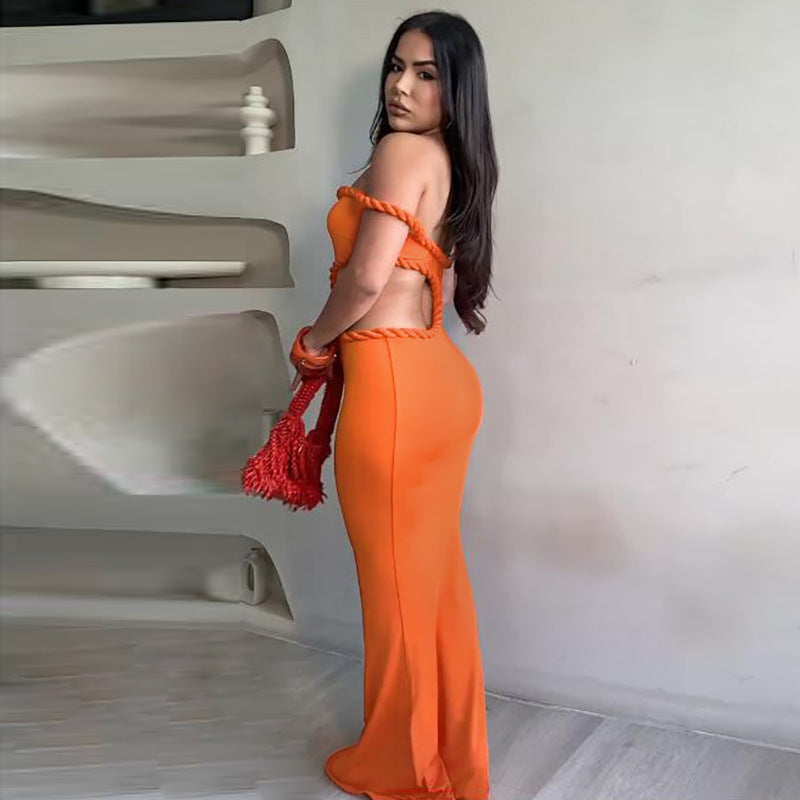 LADIES OFF THE SHOULDER CUT OUT LONG DRESS DARK ORANGE / BLACK (SIZE S - L)
