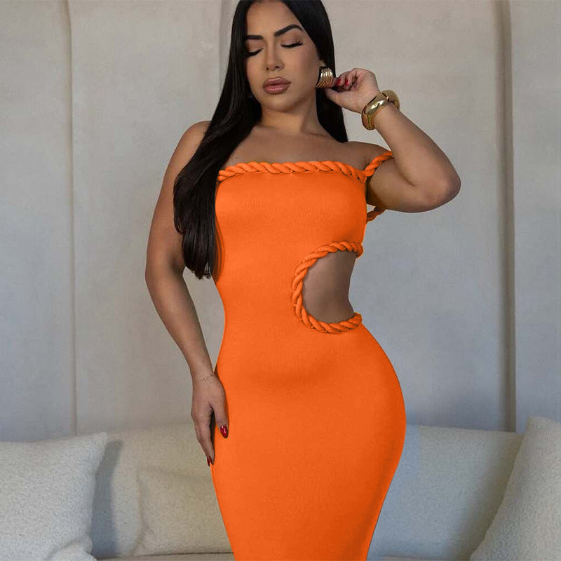 LADIES OFF THE SHOULDER CUT OUT LONG DRESS DARK ORANGE / BLACK (SIZE S - L)