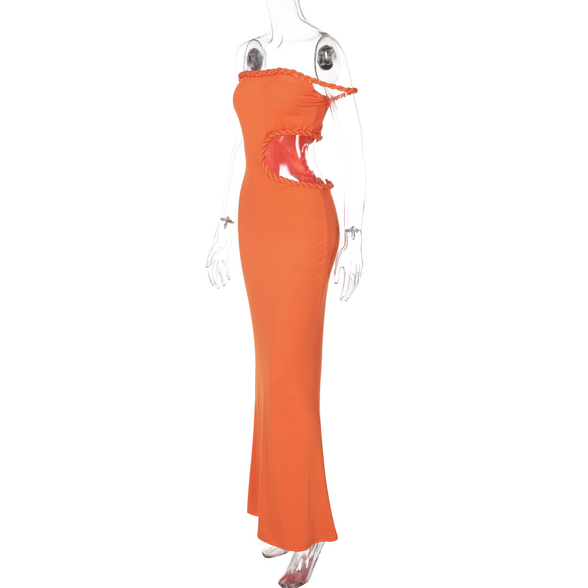 LADIES OFF THE SHOULDER CUT OUT LONG DRESS DARK ORANGE / BLACK (SIZE S - L)
